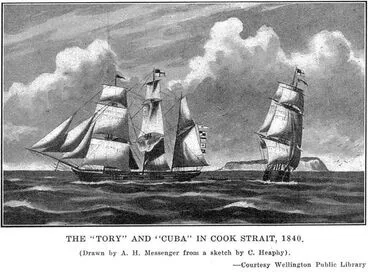 The "Tory" and "Cuba" in Cook Strait, 1840. Image: The "Tory" and "Cuba" in Cook Strait, 1840.