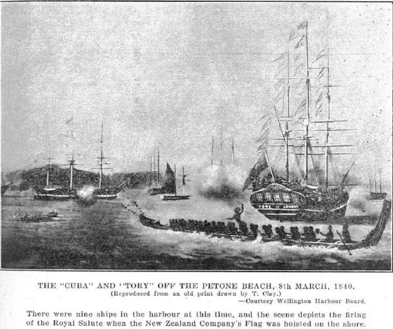 Image: The "Cuba" and "Tory" off the Petone Beach, 8th March, 1840.