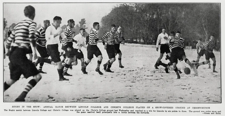 Image: 1939 Rugby in the snow: annual match between Lincoln College and Christ's College played on a snow-covered ground at Christchurch