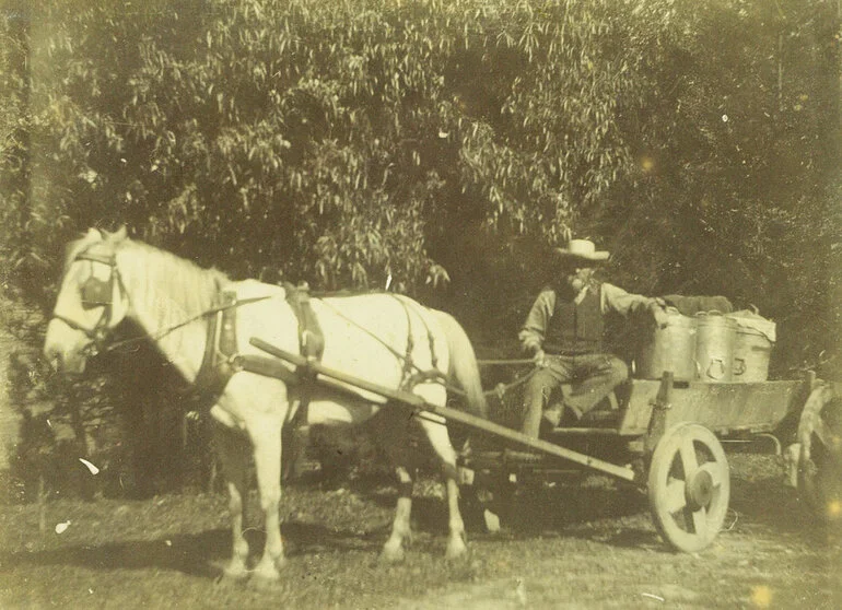 Image: Norsewood Co-operative Dairy Company, Limited. Milk delivery by scandi wagon, 1890s