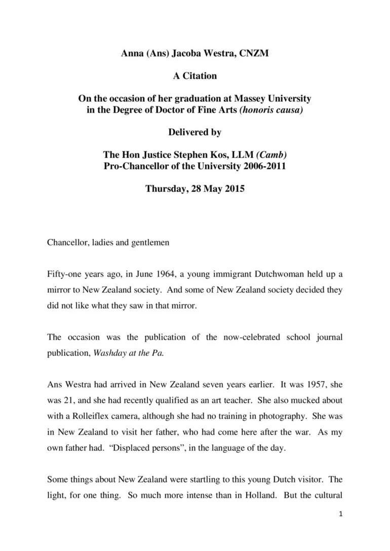 Image: Honorary doctorate citation, Anna Jacoba Westra, 2015