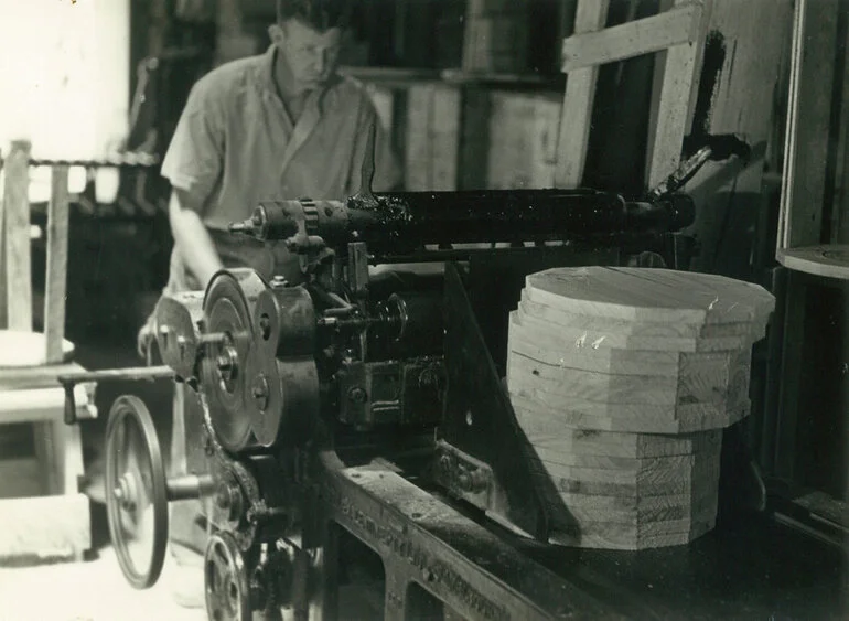 Image: Egmont Box Company, Limited. Tokoroa factory. Impress branding of cheese crate ends, circa 1947