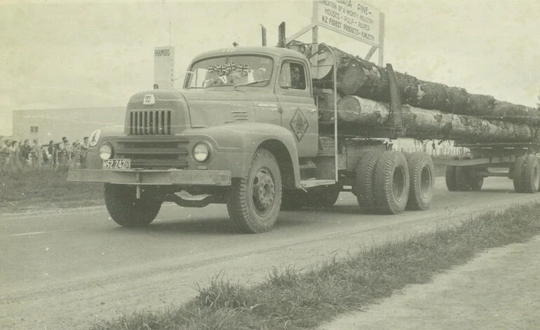 Image: Egmont Box Company, Limited. A New Zealand Forest Products truck in Tokoroa procession, 1951-1956