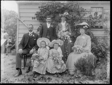 Image: Unidentified bride and groom with best man, bridesmaid and flower girls, probably Christchurch district