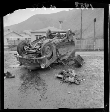 Image: Car overturned following an accident at Ngauranga, Wellington