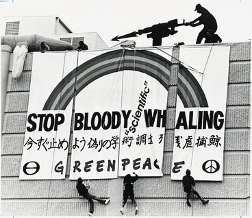 Image: Greenpeace members protesting against whaling - Photograph taken by Auckland Star
