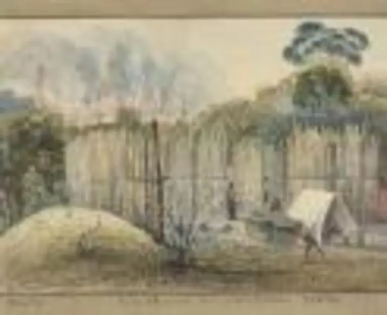 Image: The pah at Ruapekapeka in flames, from the 32 Pr. Stockade, Jany. 12th, 1846 [picture] /
