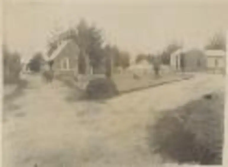 Image: Man with three dogs standing on road amongst dwellings, Wairakei, New Zealand [picture].