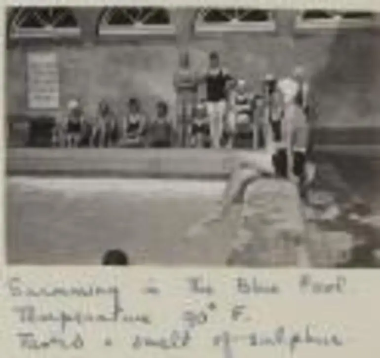 Image: Swimming in the Blue Pool, Rotorua, New Zealand, temperature 90 degrees F, "tasted and smelt of sulphur" [picture]