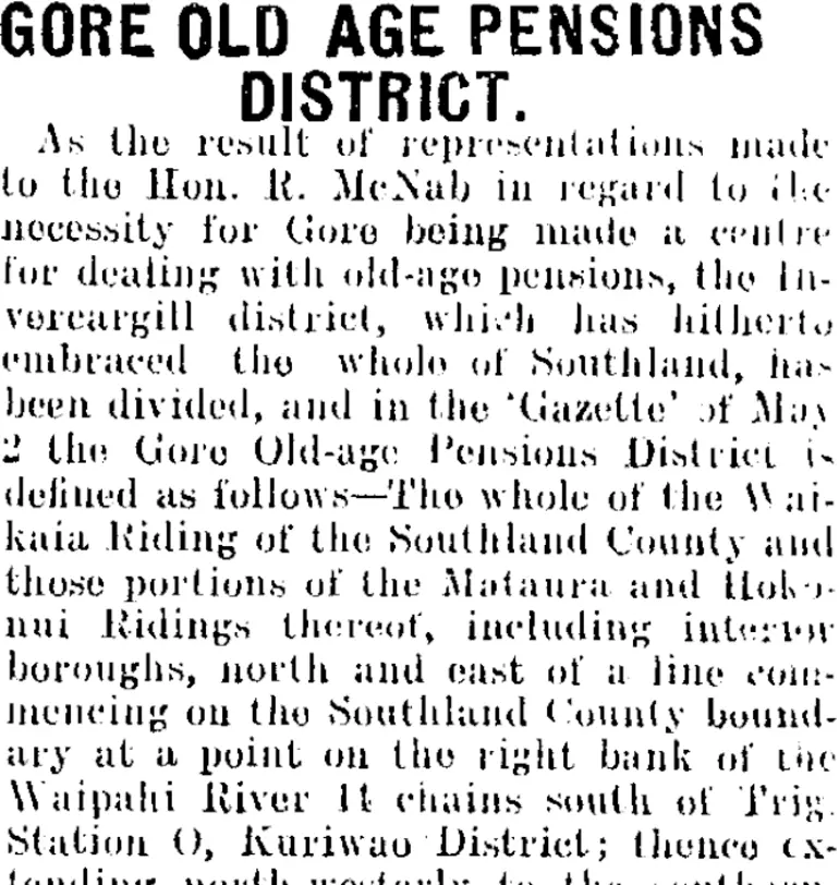 Image: GORE OLD AGE PENSIONS DISTRICT. (Mataura Ensign 9-5-1907)