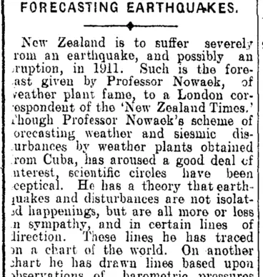 Image: FORECASTING EARTHQUAKES. (Mataura Ensign 10-12-1908)