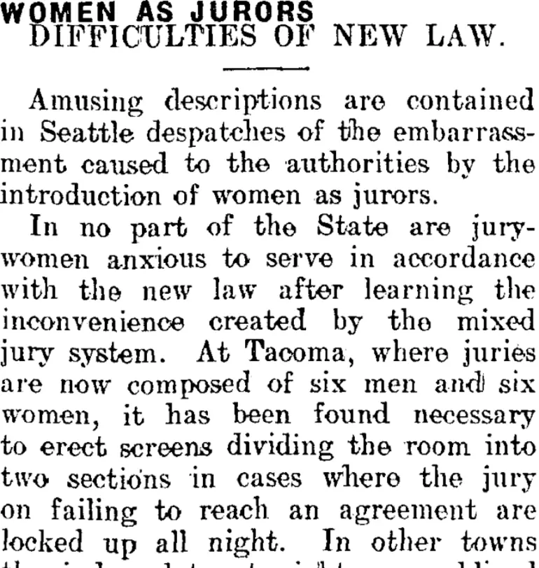 Image: WOMEN AS JURORS. (Mataura Ensign 28-10-1911)