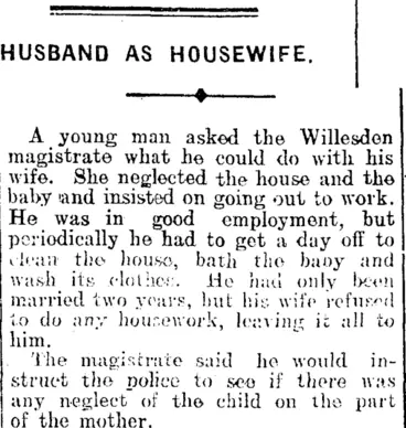 Image: HUSBAND AS HOUSEWIFE. (Mataura Ensign 25-2-1913)