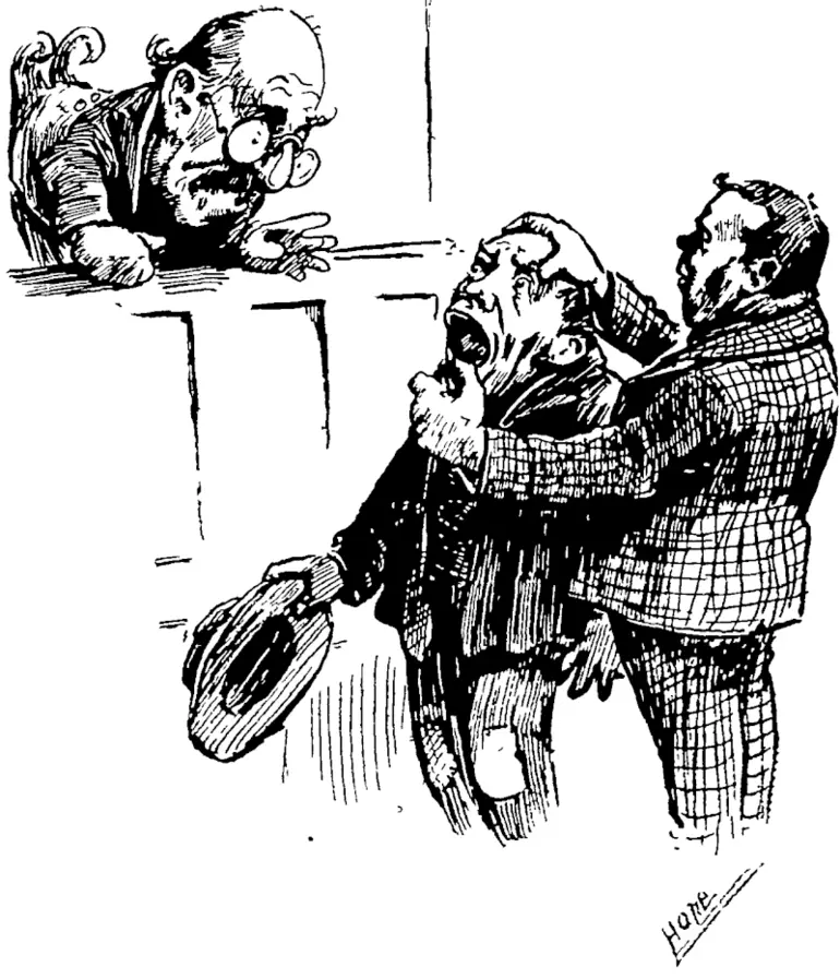 Image: AUK-TEST FOB THE OLD AGE PENSION.  Applications ?» the Old At/e Penvum Cmnt aw hem if adjourned f01 proof of atfe. Hem would the above stifle suit ?  Old Age Tvipecto) Nou then, open j/oui mouth, and let w> see your bitth certificate ' What does your Wot ship say he is ?  His Woi<ihi}>. Well, I don't w any wisdom teeth, [should iay he1 II haie to wait till they if)on. (New Zealand Free Lance, 28 June 1902)