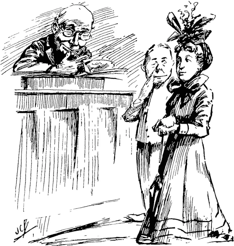 Image: A WOMAN'S AGE.  "Magistrates are frequently puzzled at the eMdentlj youthful appearance of women applicants for old age pensions."—Daily Pape>.  The Magistrate: That great and glorious institution, the Old Age Pension Act, if it hat, done nothing else, convinces me, as a gallant man, that the youthful bloom upon your cheek is the result of 65 years of hard work. You are granted the full pension. (New Zealand Free Lance, 18 October 1902)