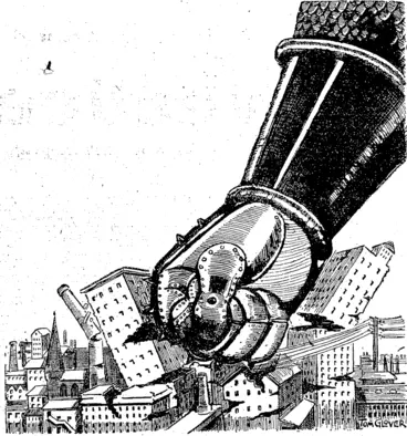 Image: The Mailed Fist.  The Blow to Industry and Commerce. (NZ Truth, 17 October 1914)