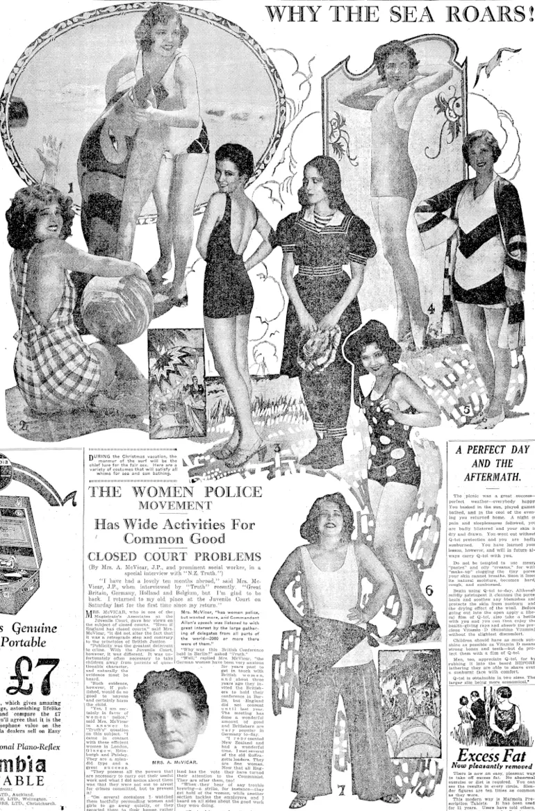 Image: nURING the Christmas vacation, the \  murmur of the surf will be the k  chief lure for the fair sex. Here are a ffik-.  variety of costumes that will satisfy all .  whims for sea and sun bathing. * (NZ Truth, 19 December 1929)