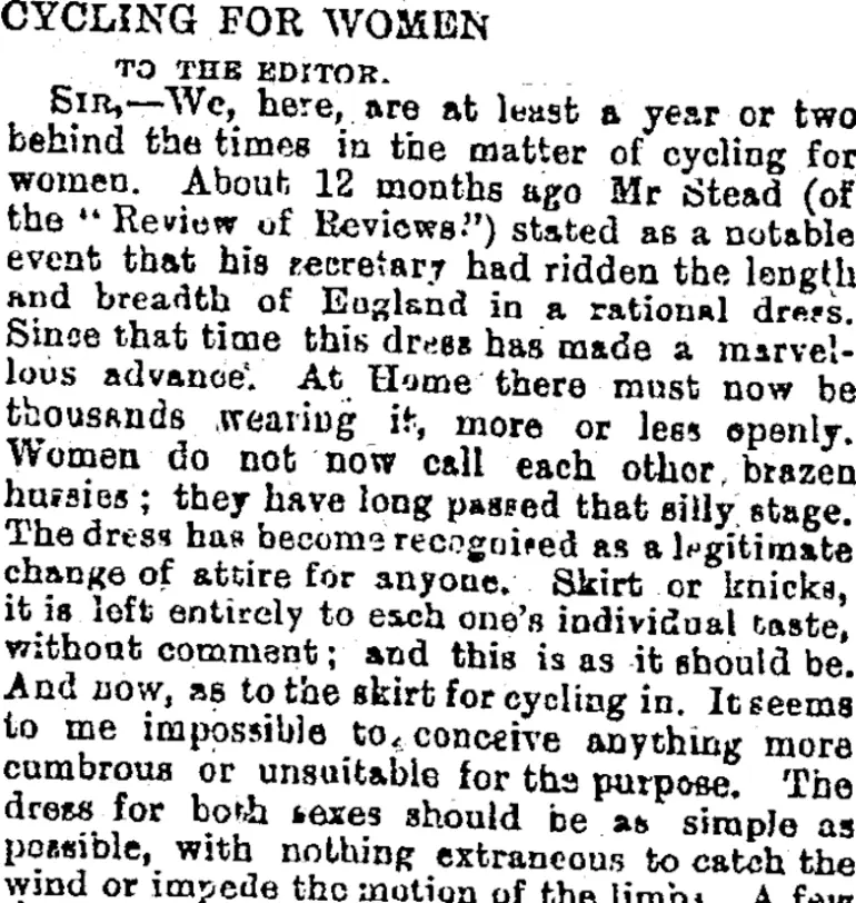 Image: CYCLING FOR WOMEN. TO THE EDITOR. (Otago Daily Times 18-10-1895)