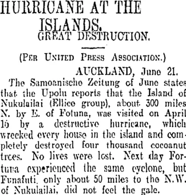 Image: HURRICANE AT THE ISLANDS. (Otago Daily Times 22-6-1907)