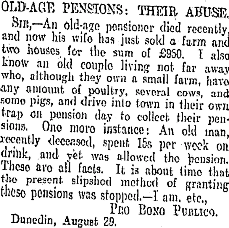 Image: OLD-AGE PENSIONS: THEIR ABUSE. (Otago Daily Times 2-9-1907)