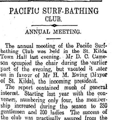 Image: PACIFIC SURF-BATHING CLUB. (Otago Daily Times 31-8-1911)