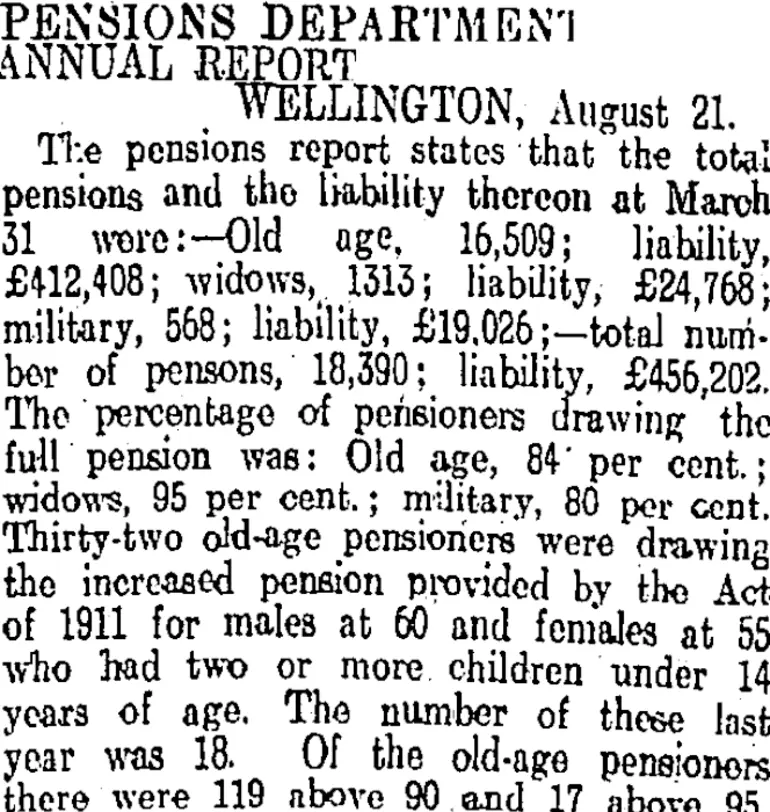 Image: PENSIONS DEPARTMENT (Otago Daily Times 8-9-1913)