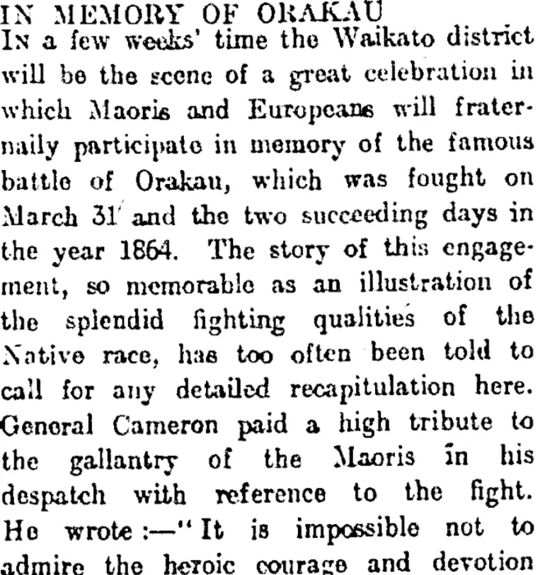 Image: IN MEMORY OF ORAKAU. (Otago Daily Times 6-3-1914)