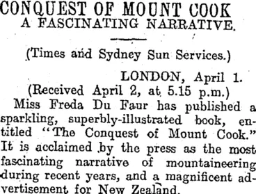 Image: CONQUEST OF MOUNT COOK (Otago Daily Times 3-4-1915)