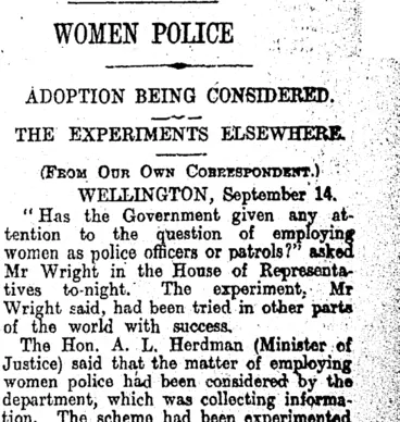 Image: WOMEN POLICE (Otago Daily Times 15-9-1915)