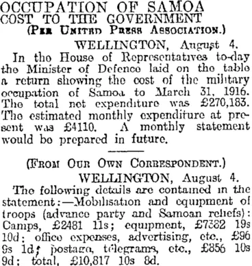 Image: OCCUPATION OF SAMOA (Otago Daily Times 5-8-1916)