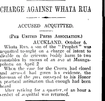 Image: CHARGE AGAINST WHATA RUA (Otago Daily Times 7-10-1916)