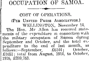 Image: OCCUPATION OF SAMOA. (Otago Daily Times 15-11-1916)