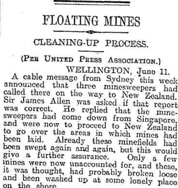 Image: FLOATING MINES (Otago Daily Times 12-6-1919)