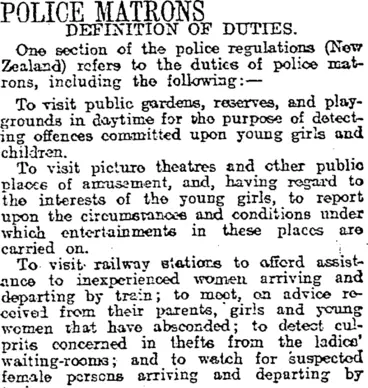 Image: POLICE MATRONS (Otago Daily Times 25-9-1919)