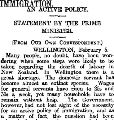 Image: IMMIGRATION. (Otago Daily Times 6-2-1920)