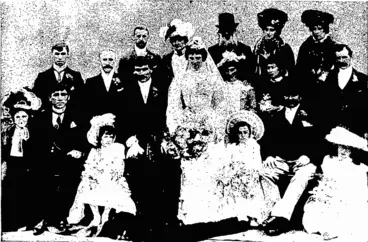 Image: A GROUP OF THE GUESTS AT THE WEDDING OF MR WM. PRINTZ, OF OREPUKI. —Armstrong, photo. SOUTHLAND, TO MISS BELLETT, OF SOUTH DUNEDIN. (Otago Witness, 09 April 1902)