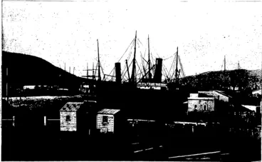 Image: VIEW OP THE JETTY STREET WHARF FROM THE DUNEDIN OVERBRIDGE.  (Photos by Hicks.) The three steamers berthed at the wharves are the Whangape, Elingamite, and Hafis. (Otago Witness, 27 August 1902)