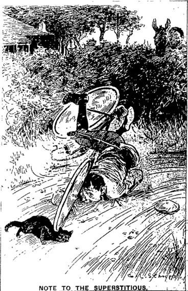 Image: It is considered lucky for a black cat to cross your path.  —From Punch.-. (Otago Witness, 11 February 1903)