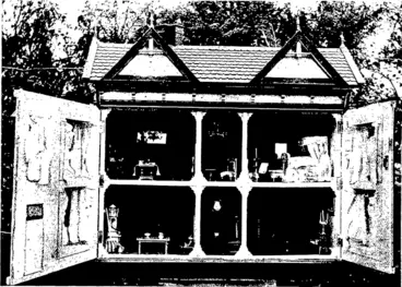 Image: VIEW OF INTERIOR OF MINIATURE FOUR-ROOMED HOUSE, SHOWING FURNISHINGS.  This miniature four-rcomed cottage with bathroom, furnished complete, was mrde by Mr  Austin Cook. Roslyn, Dunedin. The rooms are 15in. by 15in., and 12in. high. It may be  mentioned that the furnishings are Mr Cook's wo~k a<? well as the buPchng ztself. (Otago Witness, 17 May 1905)