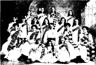 Image: GIRLS IN THE HIGHLAND DANCE^ WITH THEIR INSTRUCTOR (MR ALEX SUTHERLAND). (Otago Witness, 14 June 1905)