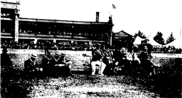 Image: 1) Competitors passing the grandstand xn the halt-mile u> A competitor jfter emeigirg from the back in the obstacle race (5) \V L. Colvin (fih yards) wins the Caledonian handicap,  THE JUDGES OF THE HIGHLAND DANCING AND BAGPIPE MUSIC,  (At the back of the seat the officer m charge of the Pioneer squad.; (Otago Witness, 09 January 1907)
