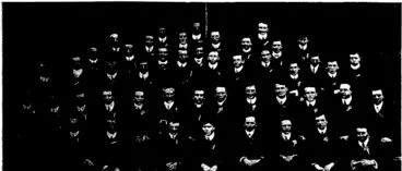 Image: v GROUP AT THE INVERCARGILL CATHOLIC CLUB'S ANNUAL COMMUNION, JUNE 14, 1908.  Back Row: .J. JKeneally, R. Rose, A. .Keaney. Fifth Row: H. Wilkinson, C. Bonner, J. Scully, J. M'Erlean, B. Ferry, J. Durham, J. Brennan. Fourth Row: J. M'Mullan,. J. O'Brien, C. Matheson. P. Roche, Jas. Durham, J. Ferry, E. Shea, R. Timpany, A.  Bonner, J. A. Mater. Third Row: ,P. Tnorpy, J. Robertson, A. Maher, B. Crawford, J. Hannan, P. Prendergast.  Second "Row: J. Mulvey, P. Maloney,* M. Fitzpatxick,* P. A. Scully,* Tom. Pound (vice-president),* J. Collins (vice-president)* Rev. Father Kavanagh.. L. W. J. "Morton (president),* J. MacNamara (vice-president),* R. Burke,* F. Byrne,* J. Sims (S.E.),* A. H. Fitzgerald.* First Row: H. Grace, J. Mannix, Miaster Matheson, H. Gallager, S. Crawford, T. Mannix, H. Donnelly (hon. treasurer),* Jos. Shepherd,* C. Maher (hon secretary).*  (Note.—'Executive Members.) —A. Spicer, pi (Otago Witness, 05 August 1908)