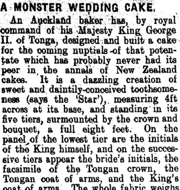 Image: A MONSTER WEDDING CAKE. (Clutha Leader 26-10-1909)