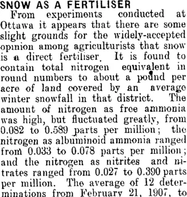 Image: SNOW AS A FERTILISER. (Clutha Leader 16-11-1909)