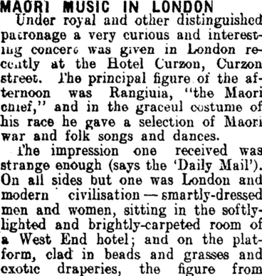 Image: MAORI MUSIC IN LONDON. (Clutha Leader 22-3-1910)