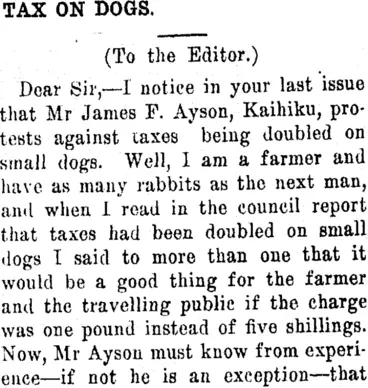 Image: TAX ON DOGS. (Clutha Leader 20-12-1912)