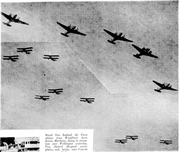 Image: Royal New Zealand Air Force planes from Woodb'urn Aerodrome, Blenheim, flying'in formation over Wellington yesterday. Top, Oxford Airspeed , monoplanes, and, below, nine Vincent biplanes. (Evening Post, 14 June 1940)