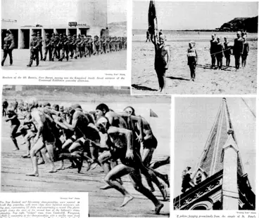 Image: Evening Post" Photo. The New Zealand surf life-saving championships were opened at Lyall Bay yesterday, icith more than three hundred swimmers tak~ ing part, representing 23 clubs and constituting a record. The photograph shows the start of the second heat of the beltman's clianu pionship. Top right, "midget" team from. Castlecliff, Wanganuit which is competing at the championships with a similar team from, Titahi Bay-and-a girls' learn from the Waitemala Club, Auckland^ ; (Evening Post, 17 February 1940)