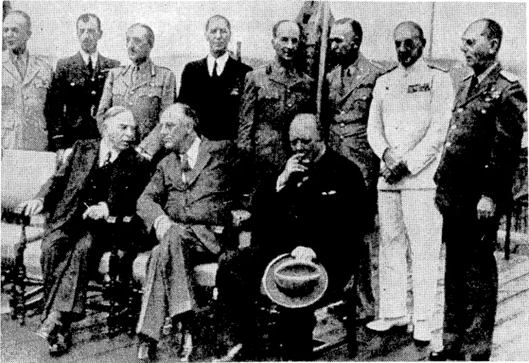 Image: Allied leaders who attended the recent war conference at Quebec. In front are Mr. Mackenzie King (left), President Roosevelt, and Mr. Churchill. Standing at the back, from the left, General H. H. Arnold, Air Marshal Sir Charles Portal, General Sir Alan Brooke, Admiral E. J. King, Field-Marshal Sir John Dill, General G. C. Marshall, Admiral Sir Dudley Pound, and Admiral D. Leahy. (Evening Post, 24 September 1943)