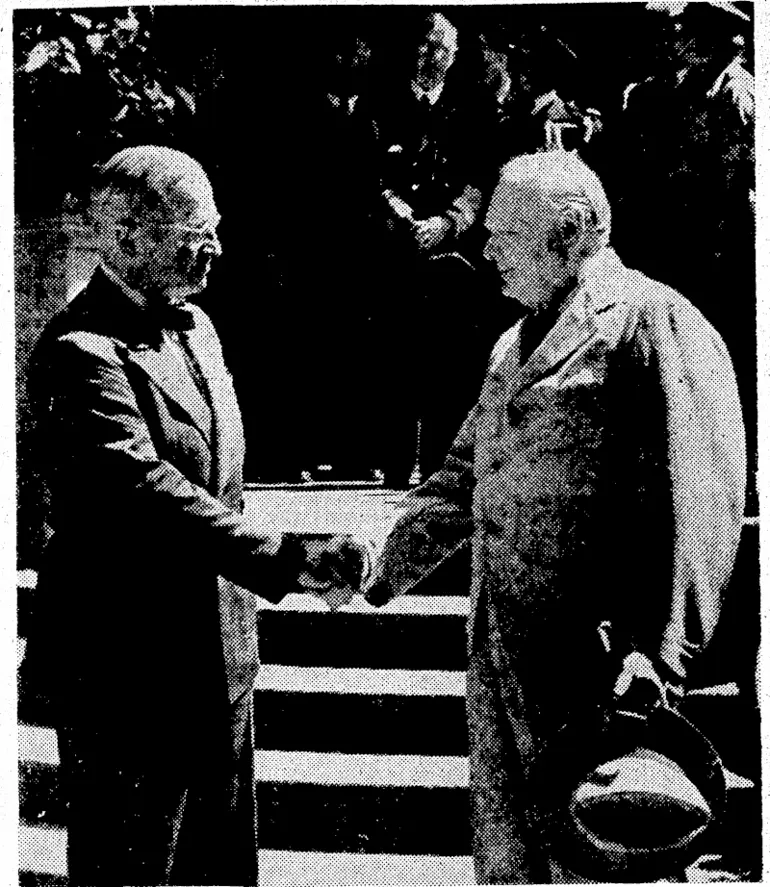 Image: Before the opening of the Big Three Conference Mr. Churchill 1 called on President Truman at his residence in Potsdam. This was the first time they had met since Mr. Truman became President of the 1 '-■■'. United States. (Evening Post, 28 July 1945)